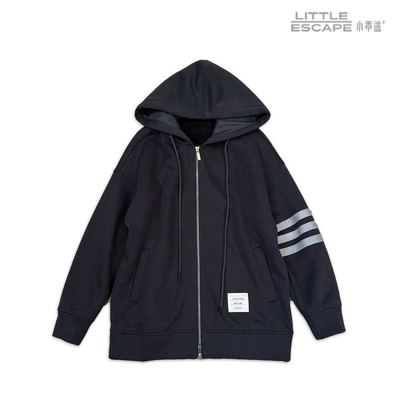 新款加绒休闲款灰色卫衣三条杠连帽字母灰色外套户外长袖6130