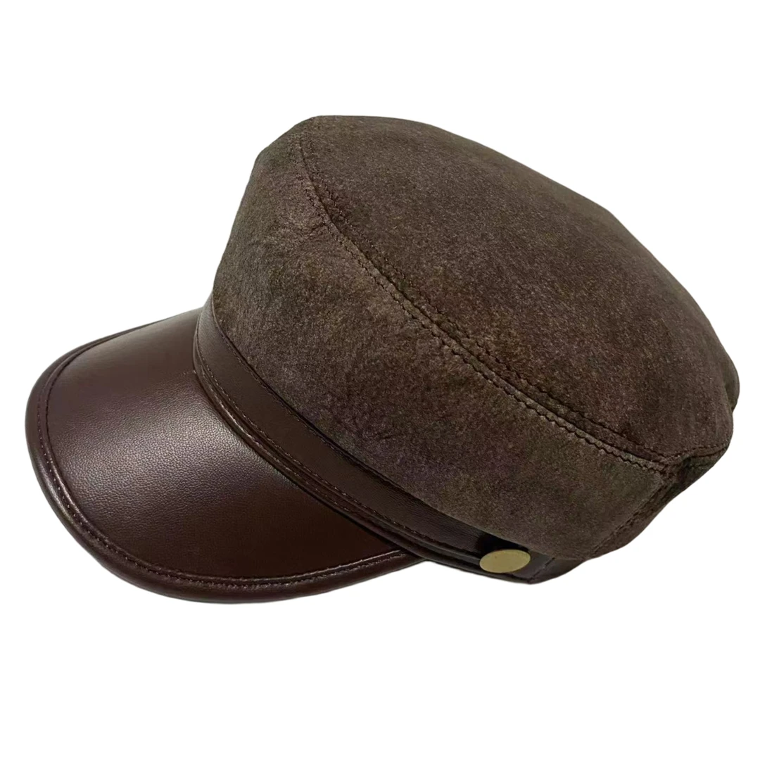 海宁真皮磨砂皮帽子秋冬休闲英伦学生时尚帽男女潮平顶海军帽百搭