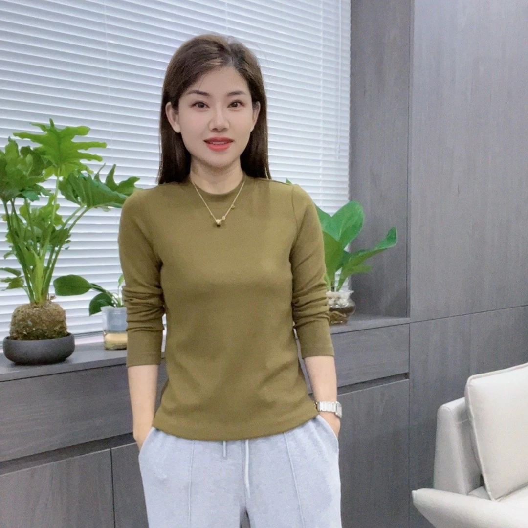 怡特美春季小立领罗纹棉气质长袖纯色圆领打底衫T恤22815