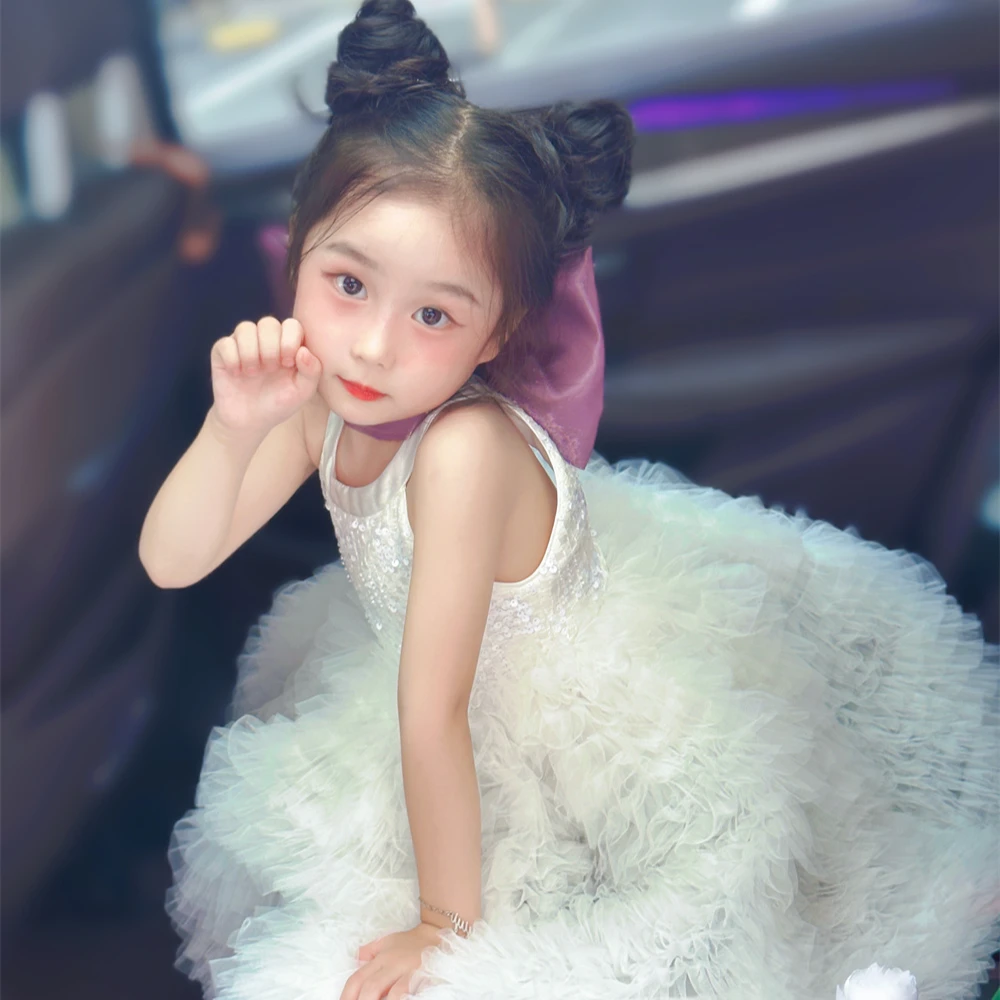 YA定制女童黑白纯色连衣裙高端礼服女孩挂脖挖肩夏季六一公主裙