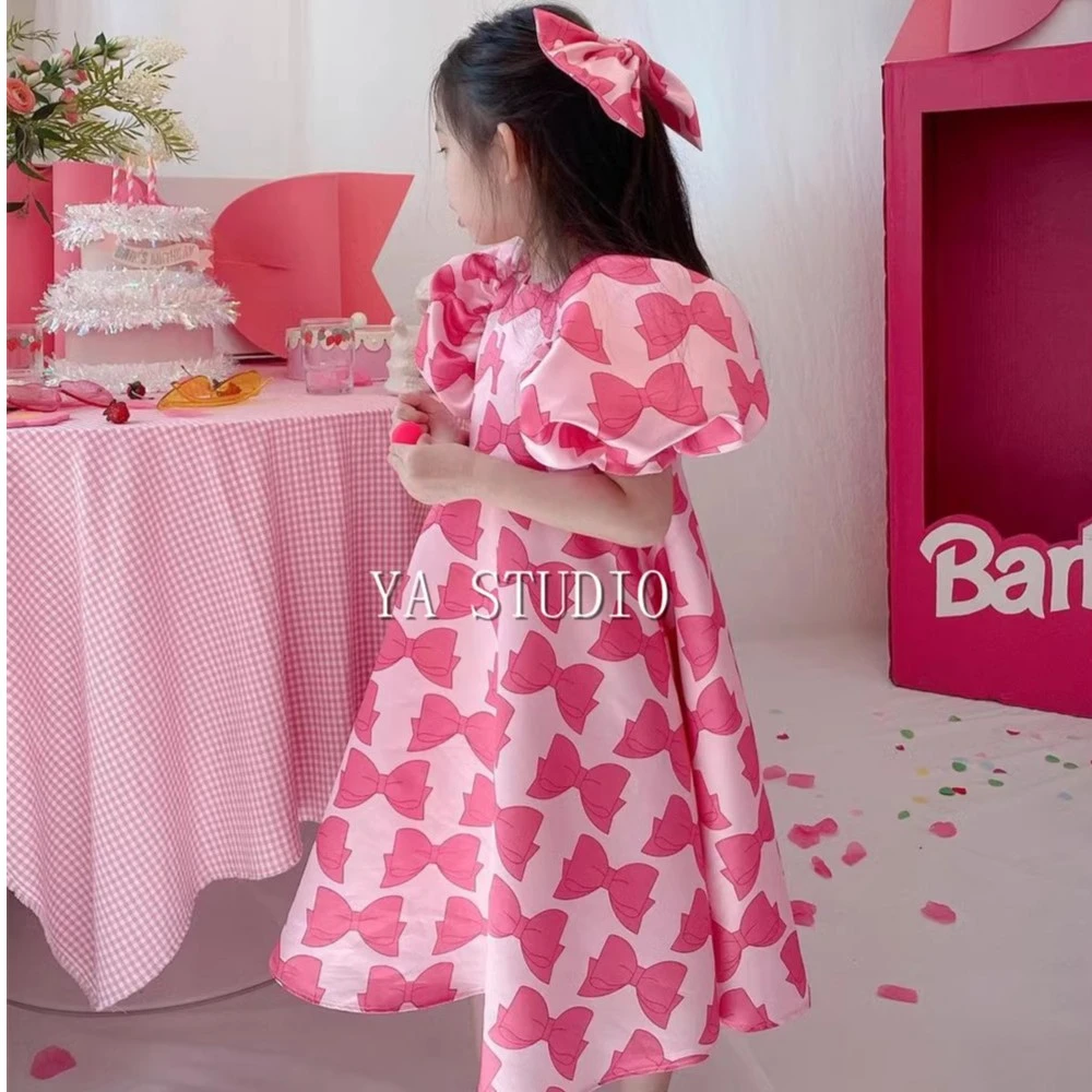 YA定制】Barbie芭比女童夏季短袖蝴蝶结满印泡泡袖名媛生日礼服裙