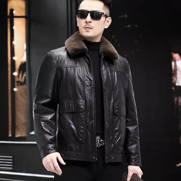 【头层小牛皮】新款冬季翻领貂绒可拆卸内胆皮夹克加厚短款男士外套