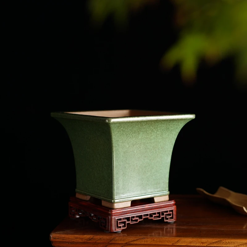 轻奢 秦夕红 茶沫绿釉 四方飘口紫砂花盆 内门竹 兰花 盆景盆