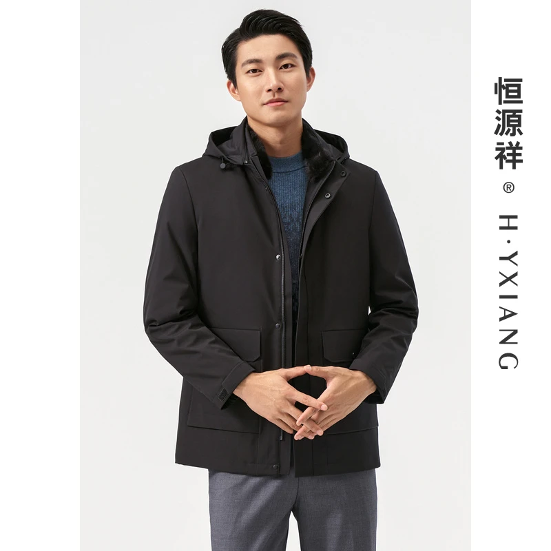 恒源祥羽绒服男冬季保暖外套水貂毛领中长款防寒服可脱卸帽HG2106