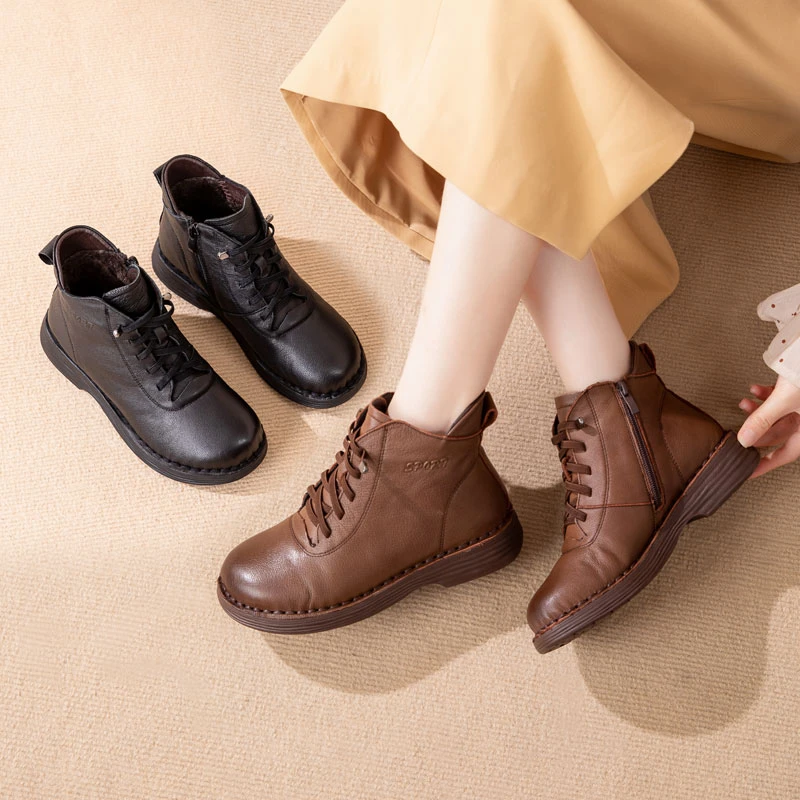 真皮妈妈鞋加绒保暖短靴子冬季女皮靴软底防滑中老年棉鞋短筒棉靴