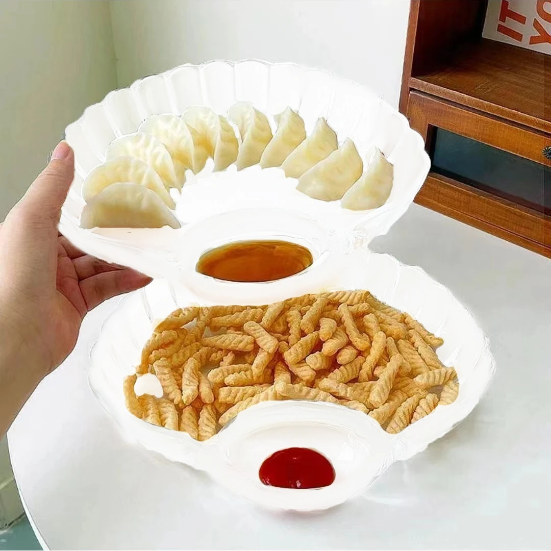 轻奢塑料盘水果盘多功能盘子家用扇形饺子盘带醋碟分格点心蘸料盘