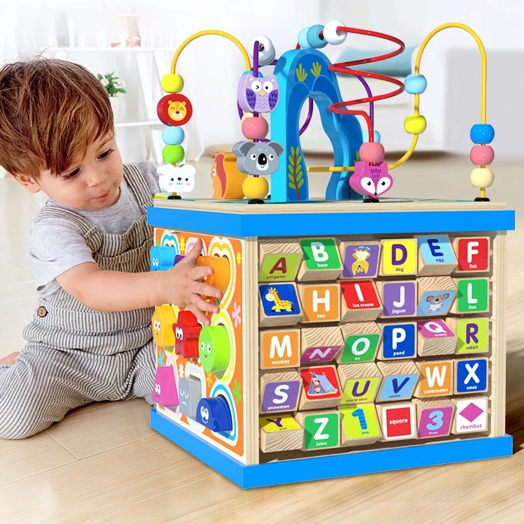 儿童早教智力配对场景智力盒木制大号多功能益智大绕珠百宝箱玩具