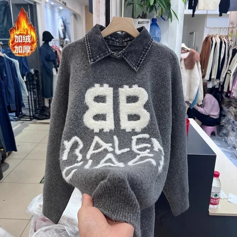 欧货牛仔领拼接针织衫女秋冬季新款慵懒风宽松大版假两件套头毛衣