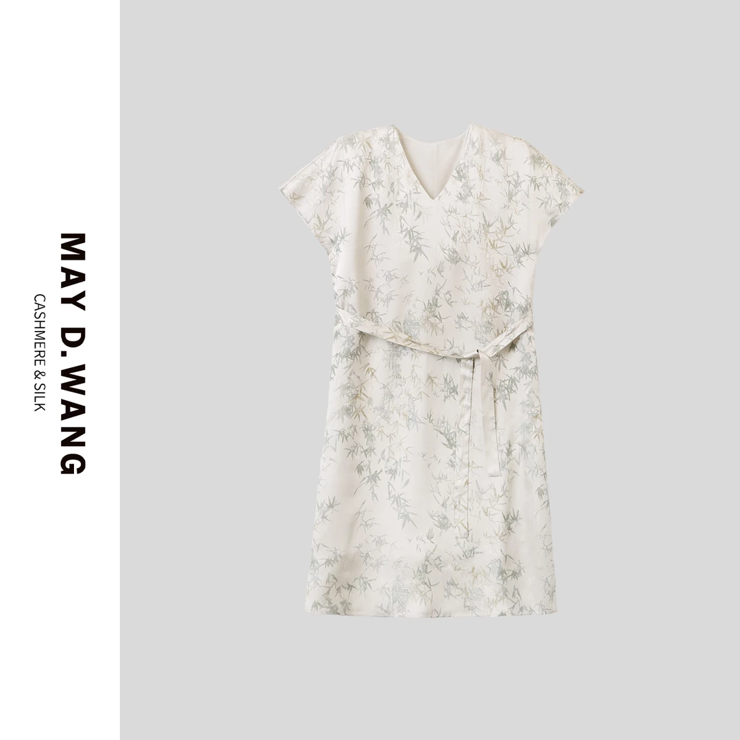 MAY D.WANG春夏新款女中国风V领气质竹叶提花真丝连衣裙 E2F3077