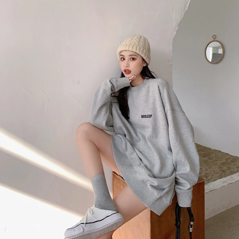 欧货大版秋冬新款字母刺绣长袖卫衣女爆款遮屁股上衣加绒宽松显瘦