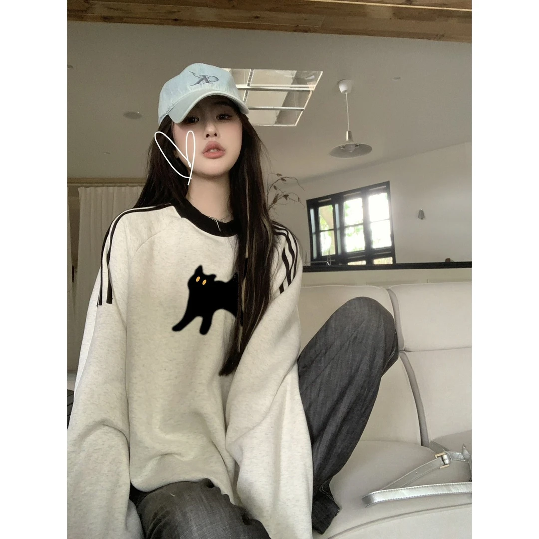 美式插肩猫咪圆领卫衣女2025年新款秋冬减龄中长款宽松长袖上衣