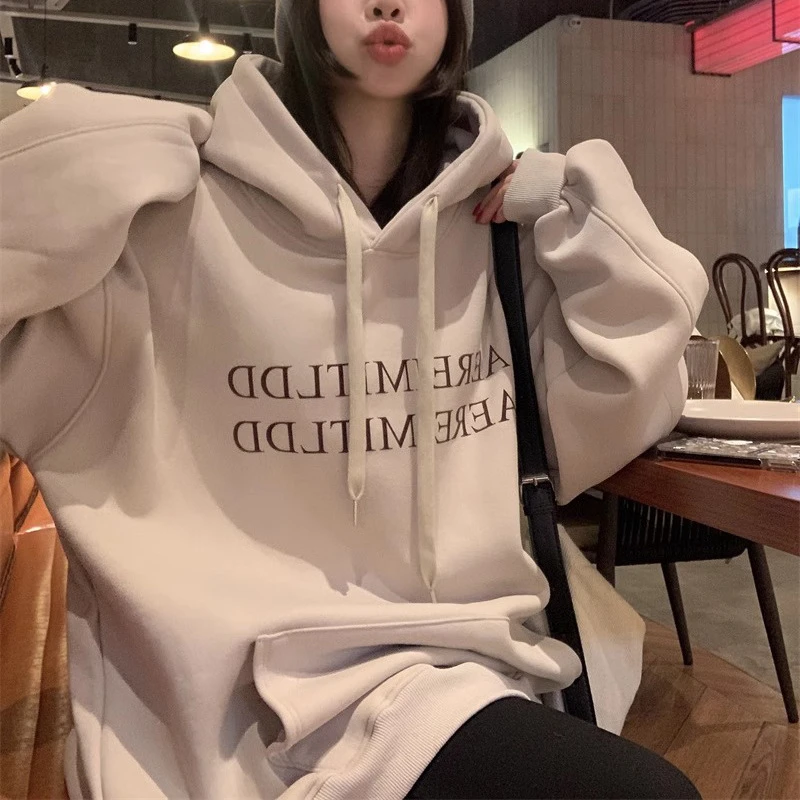 洋气字母印花加绒加厚连帽卫衣女2025秋冬新款韩版宽松套头上衣