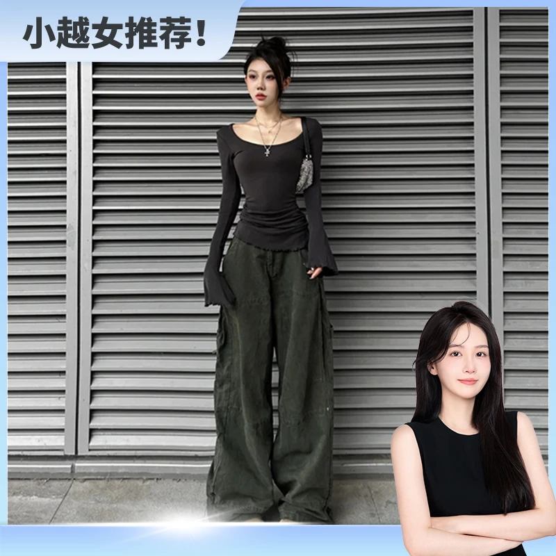 2024秋季新款时尚百搭辣妹修身显瘦长袖T恤U领设计简约休闲上衣女