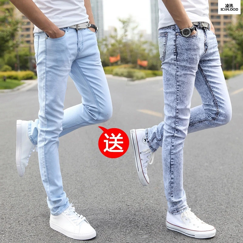 夏季薄款牛仔裤男裤子浅色白雪花男春秋潮流休闲长裤子修身小脚裤