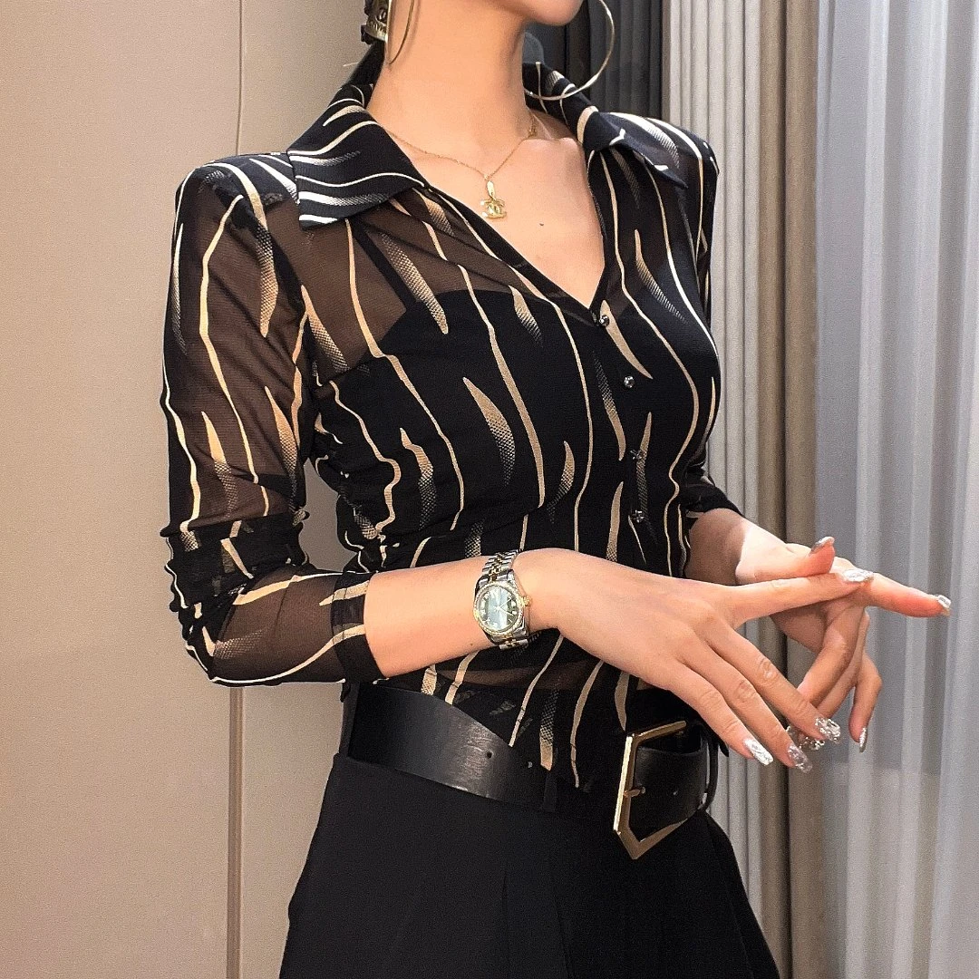 大佬莎-轻奢高端简欧高贵上档次修身冰丝纱网透视条纹长袖8829