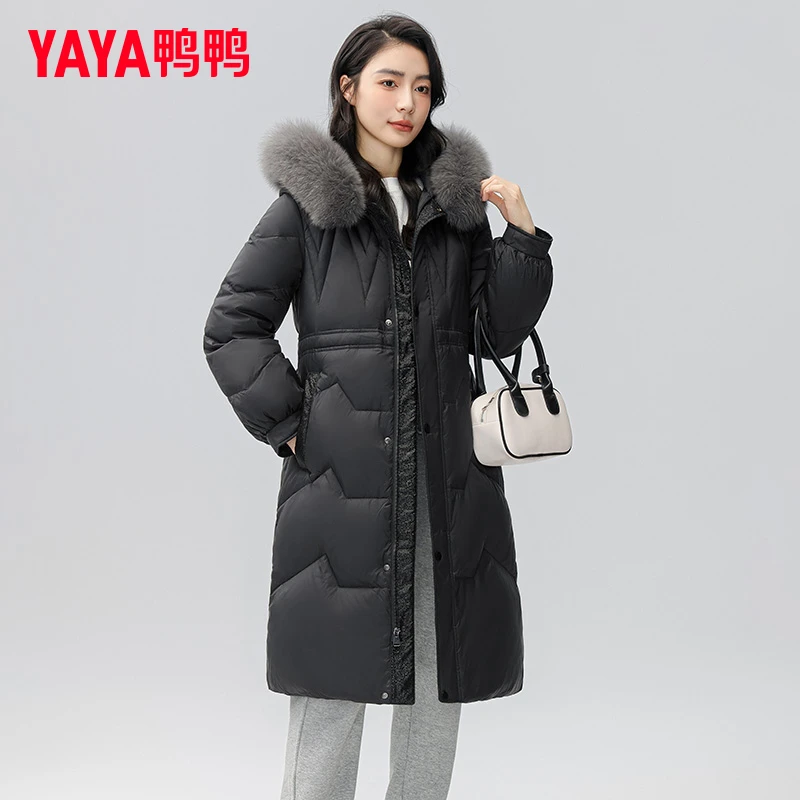 YAYA/鸭鸭羽绒服女新款中长款2025冬季狐狸毛领气质收腰加厚外套