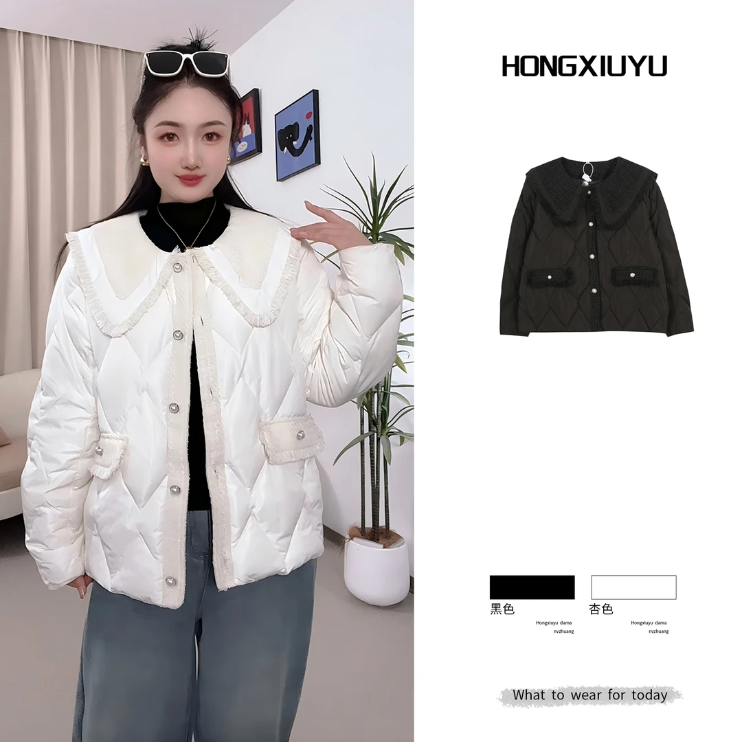 【红袖雨】2025冬季新款大码娃娃领小香风外套加厚短款棉服---10926