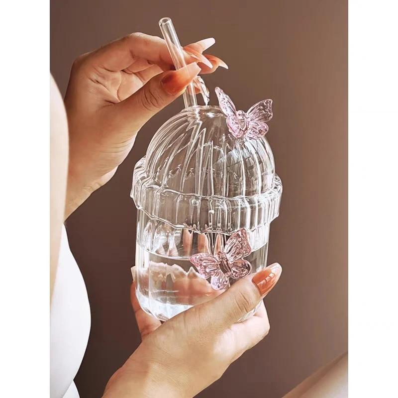 网红款高硼硅玻璃立体蝴蝶吸管杯冷饮杯礼盒装（350ml）