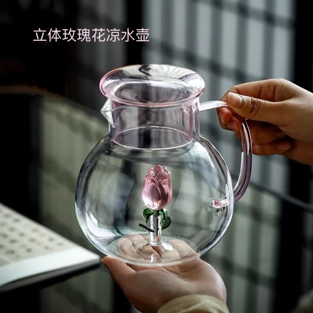 高硼硅玻璃立体玫瑰花凉水壶可电陶炉直接加热高颜值高级感创意壶