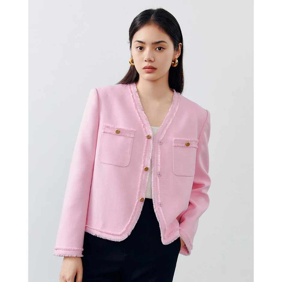 《李易行》太平鸟小香风气质优雅毛边短外套A8BBD1355