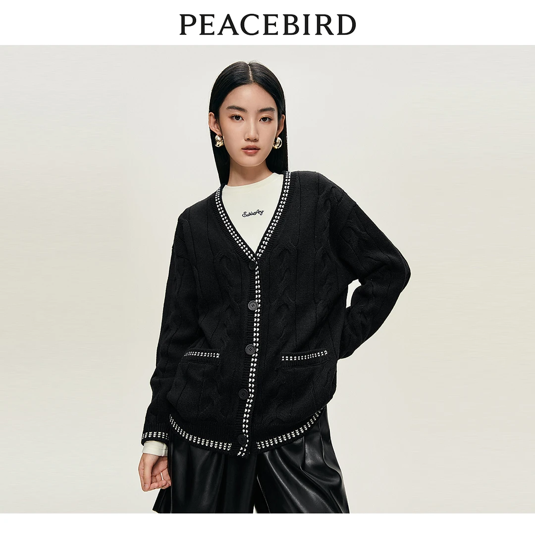 【赵老板专属】太平鸟撞色线针织复古学院风毛衣外套A7EDD4160