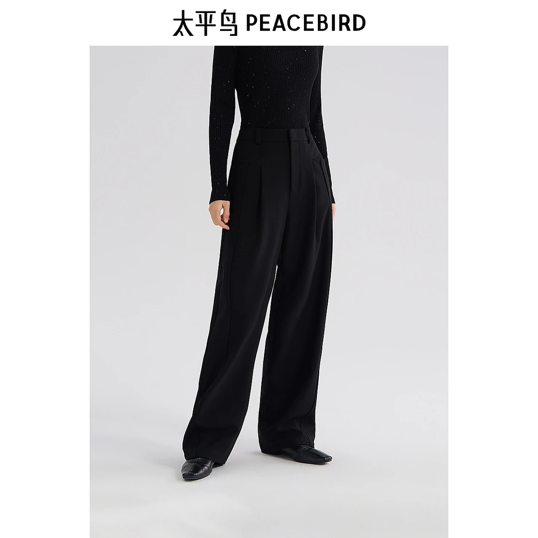 【赵老板专属】太平鸟高腰休闲裤弯刀裤春新款黑色宽松AAGBF1164