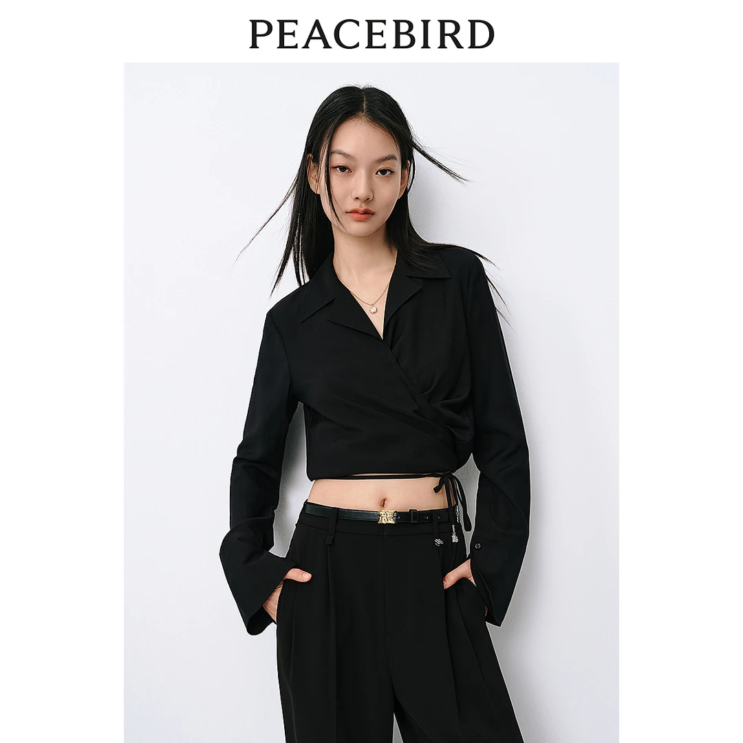 【赵老板专属】太平鸟夏季新款莱赛尔醋酸绑带V领衬衫女士A8CAE2A01