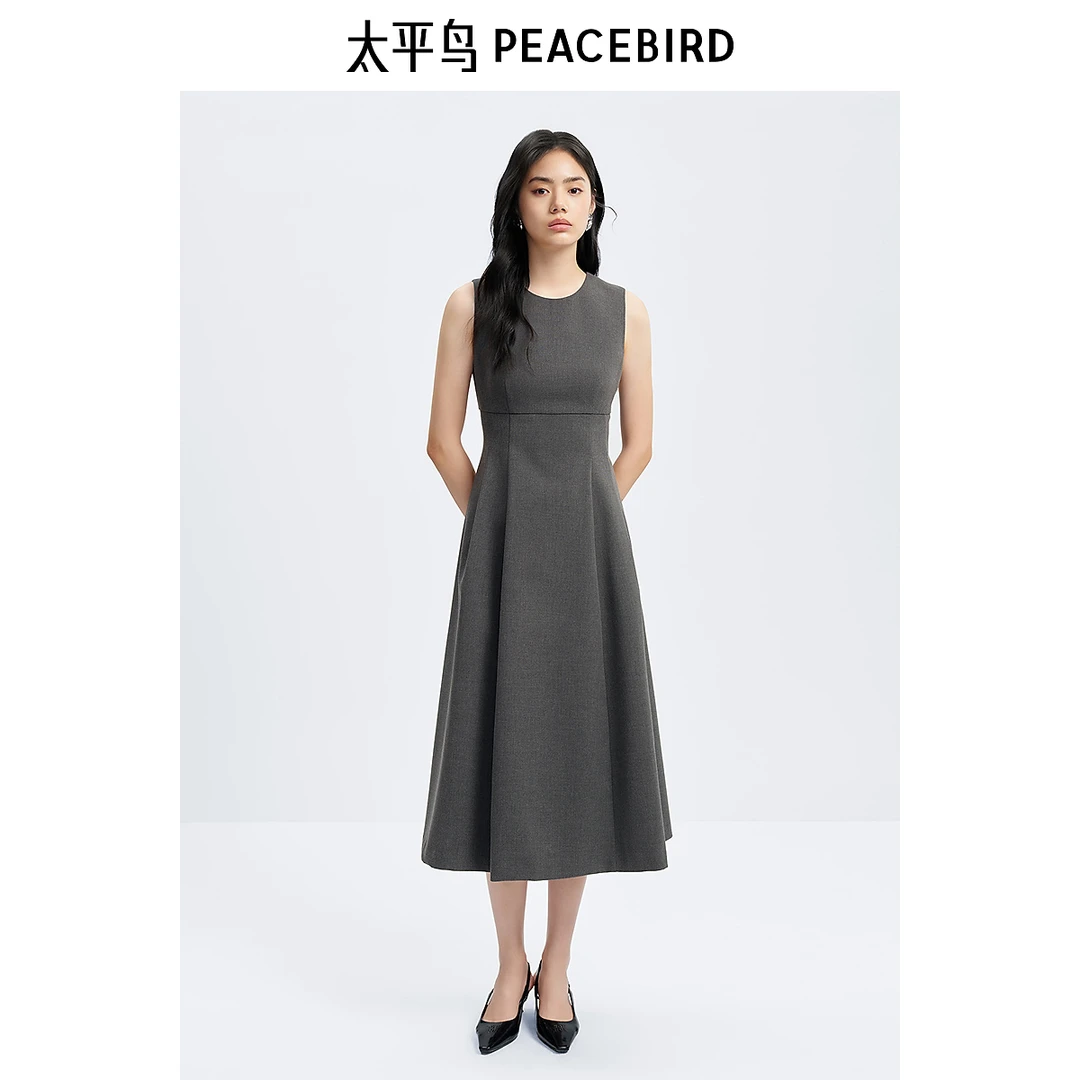 【赵老板专属】太平鸟圆领优雅连衣裙收腰长款无袖裙A8FAE3190