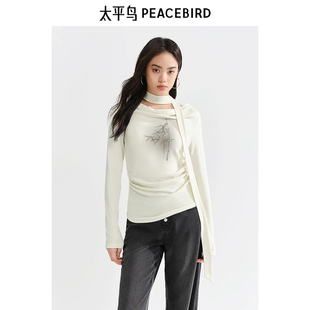 太平鸟竹韵系带国风T恤女长袖2024春新款A7CPE3414