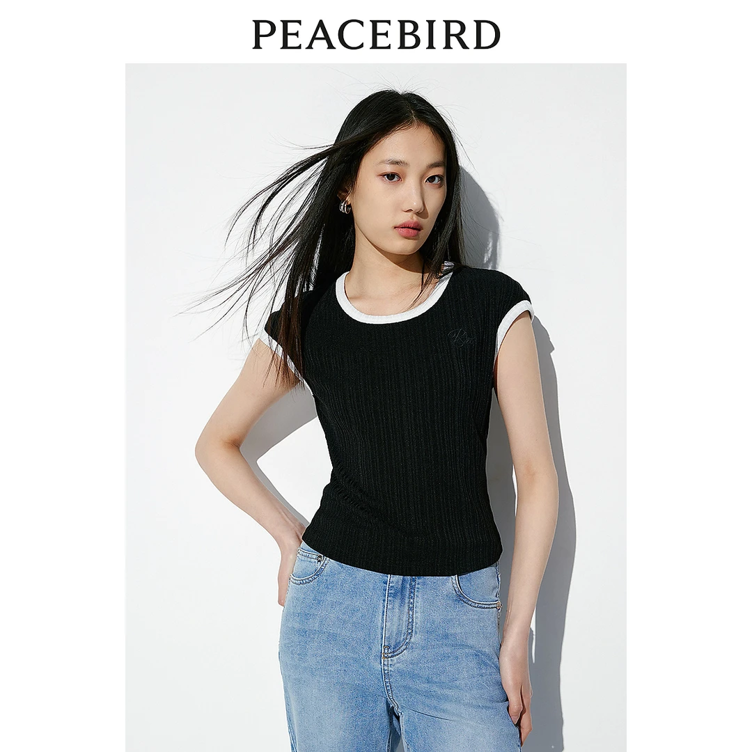 【丽公主专属】太平鸟撞色T恤U领显瘦时尚简约通勤上衣A8CNE2334