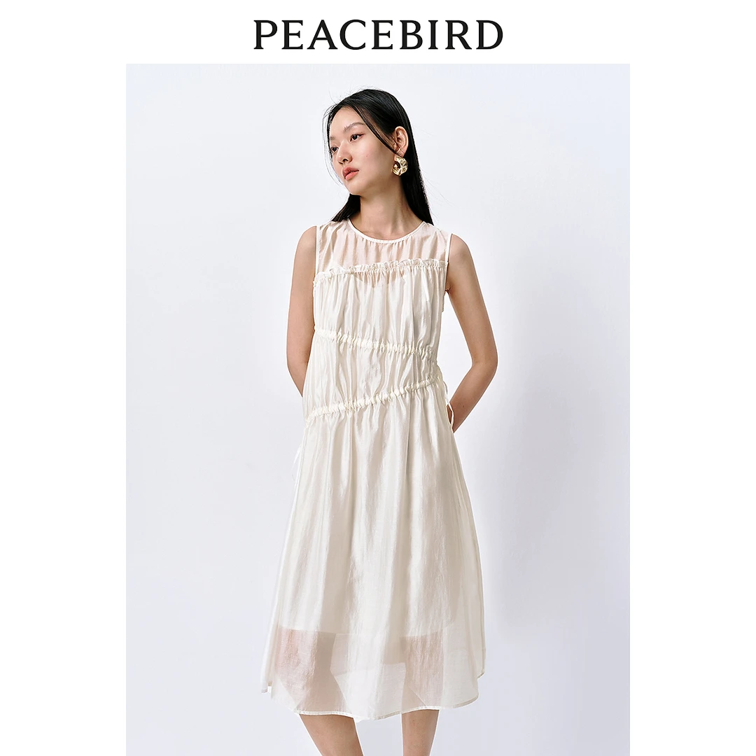 【粉丝专享】太平鸟莱赛尔抽褶无袖连衣裙高级长裙A8FAE2106