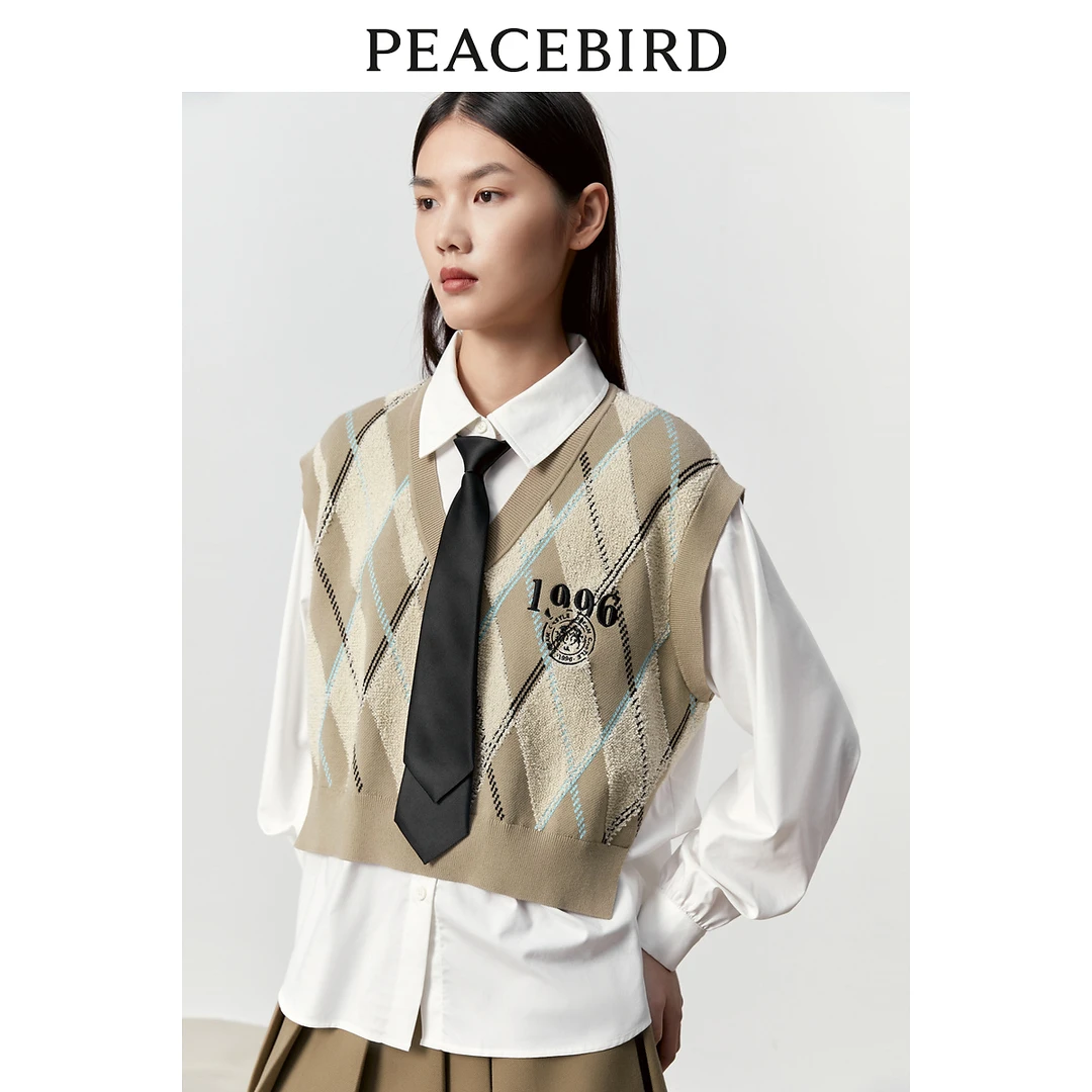 【陈大可专属】太平鸟女装假两件格纹上衣A3CDD4183