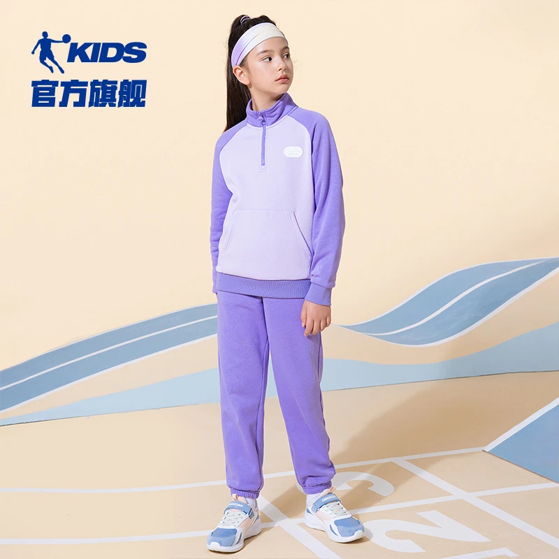 中国乔丹童装女童运动套装2024冬季儿童加厚上衣裤子休闲保暖套装