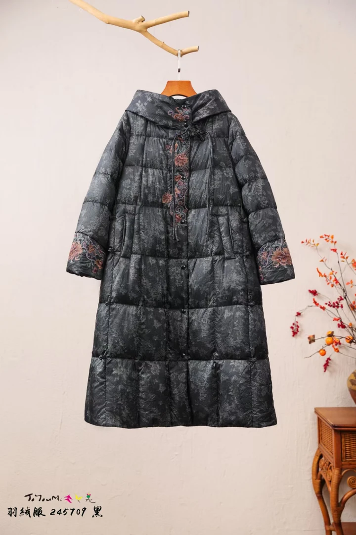 长款刺绣保暖棉服棉衣大衣网红冬季厚黑色休闲女士中长款盘扣