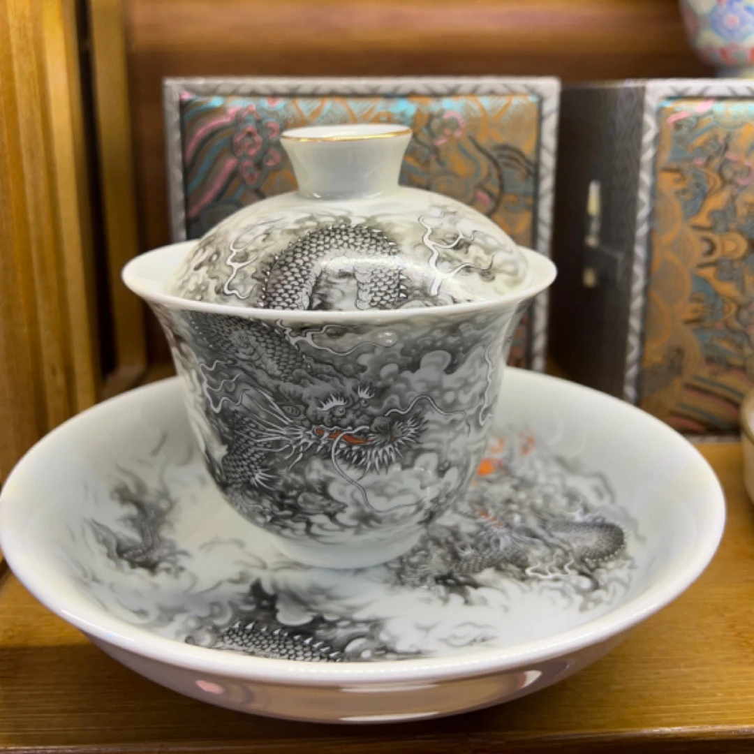 景德镇手工三才墨彩墨龙盖碗高端茶器泡茶喝茶室办公送礼收藏陶瓷