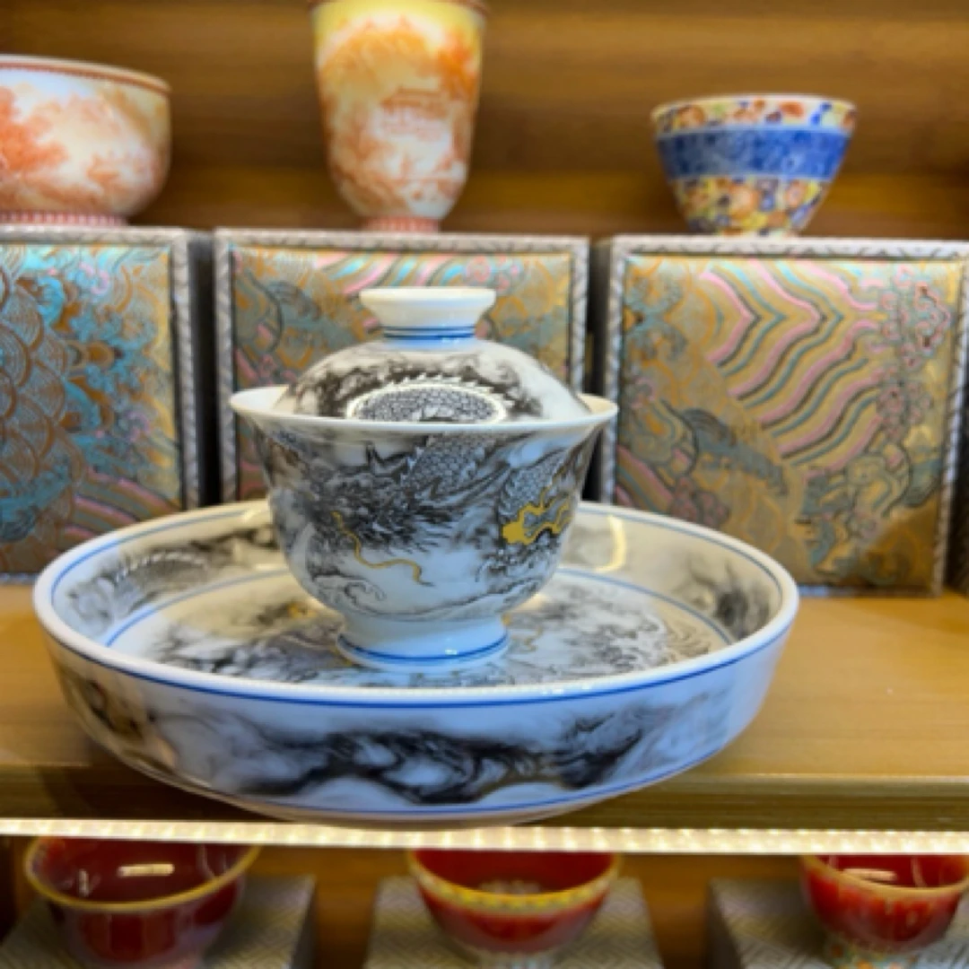 景德镇手工家用复古墨龙盖碗壶承盖置杯垫主人杯高端茶器陶瓷茶具