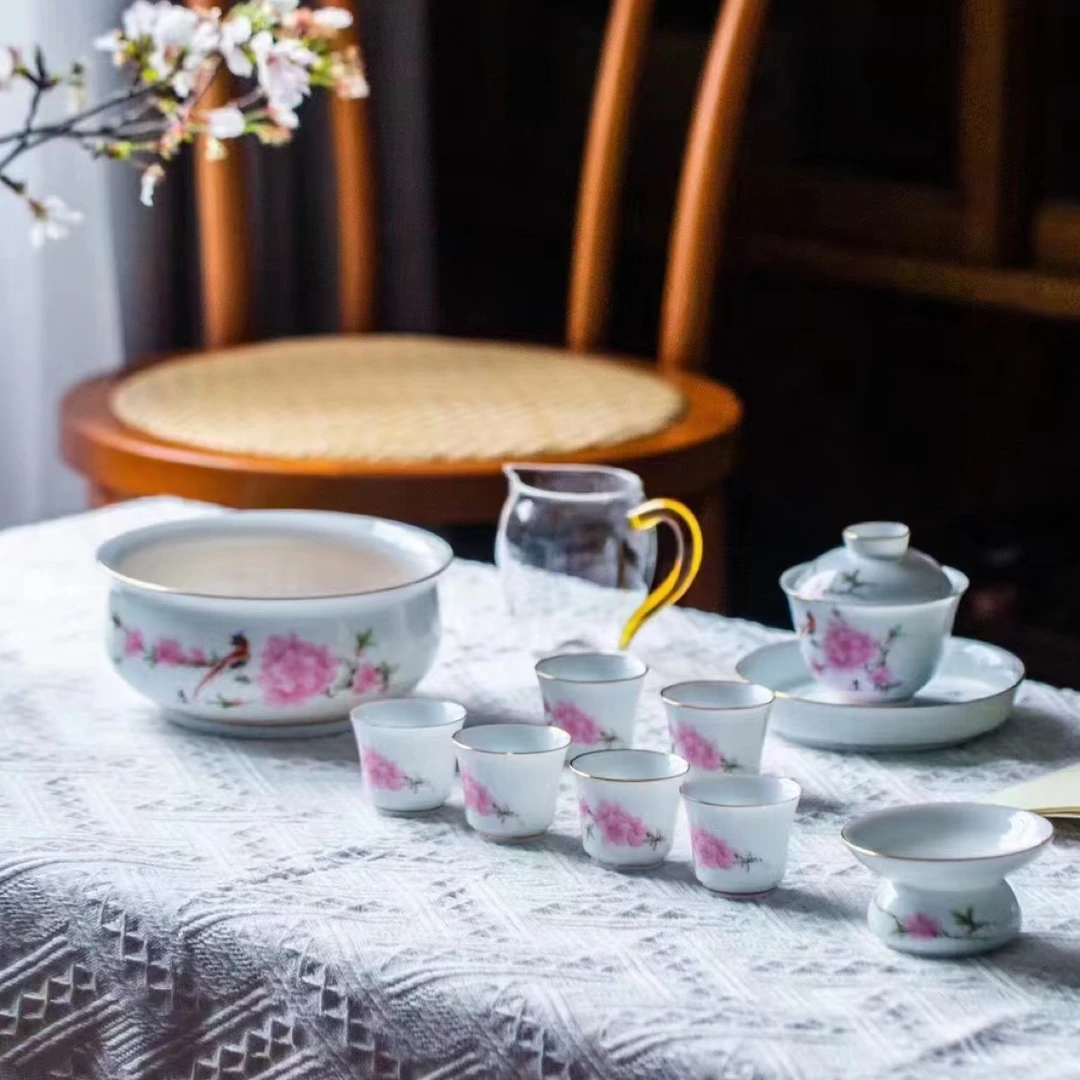 景德镇手工茶具【经典水点桃花茶器套装】高端送礼家用一整套带礼盒