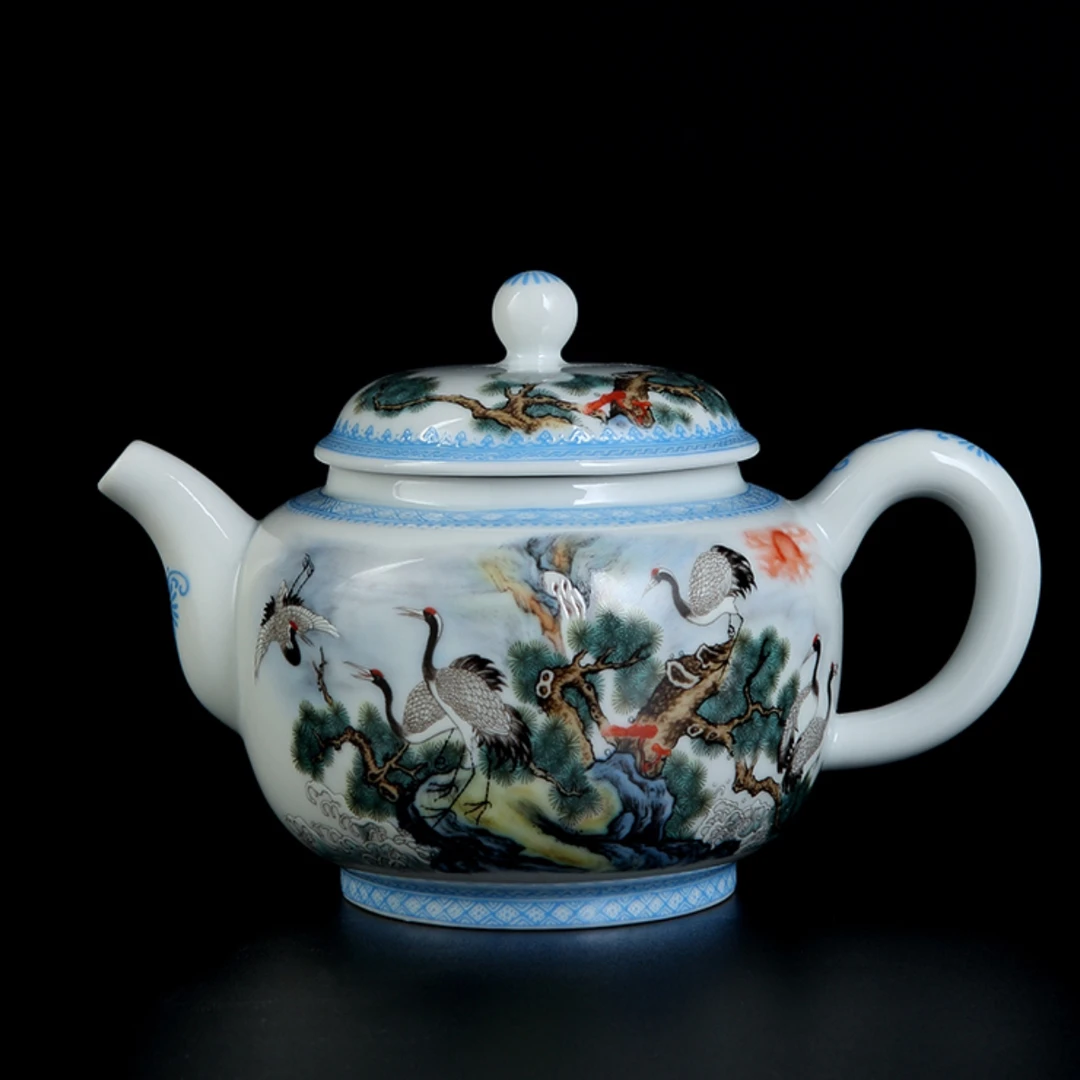景德镇纯手工仿古粉彩六鹤同春茶壶复古茶具功夫泡茶壶收藏送礼