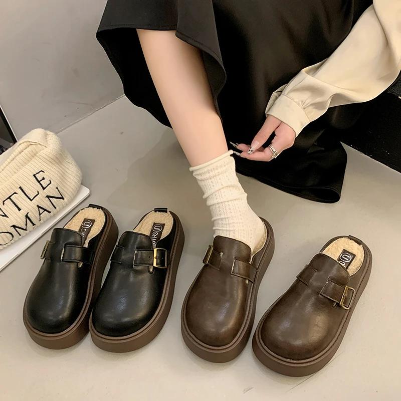 猫家｜厚底增高勃肯鞋皮面加绒包头半拖鞋女外穿秋冬毛毛拖鞋棉鞋