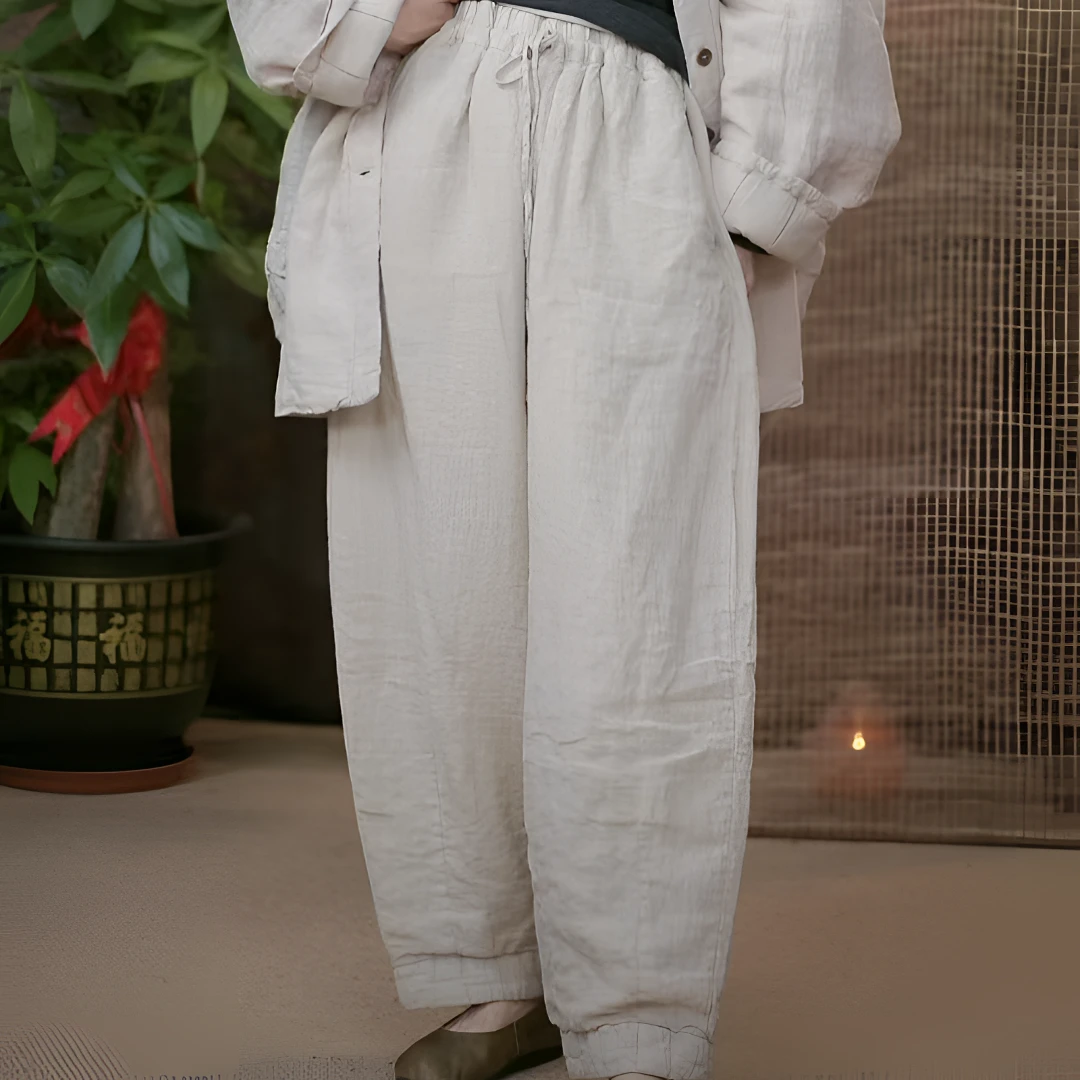 静一棉麻【慕寒】秋冬双层保暖系带休闲裤