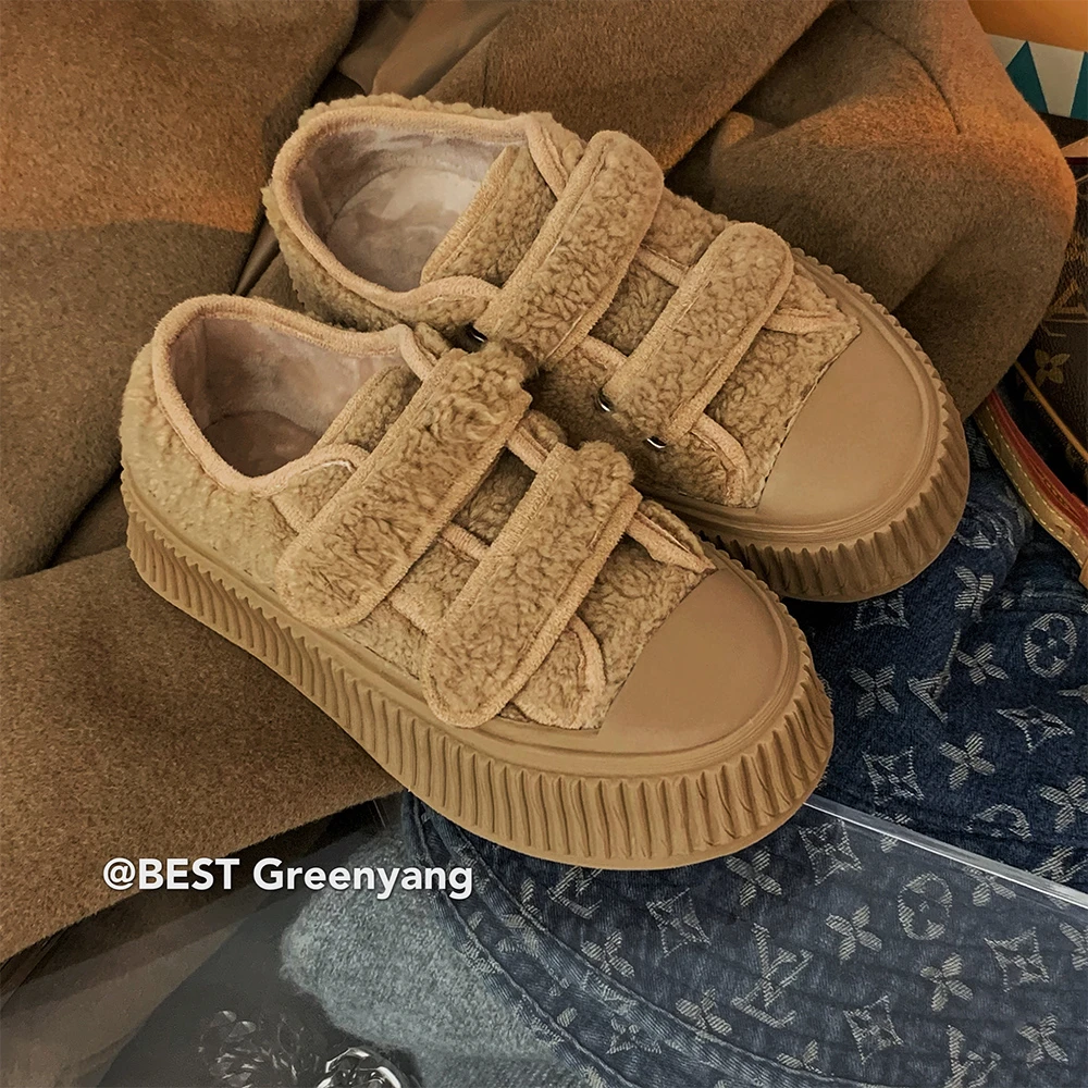 冬季女鞋加绒毛毛厚底饼干鞋女魔术贴时尚毛毛休闲鞋板鞋 6065-12
