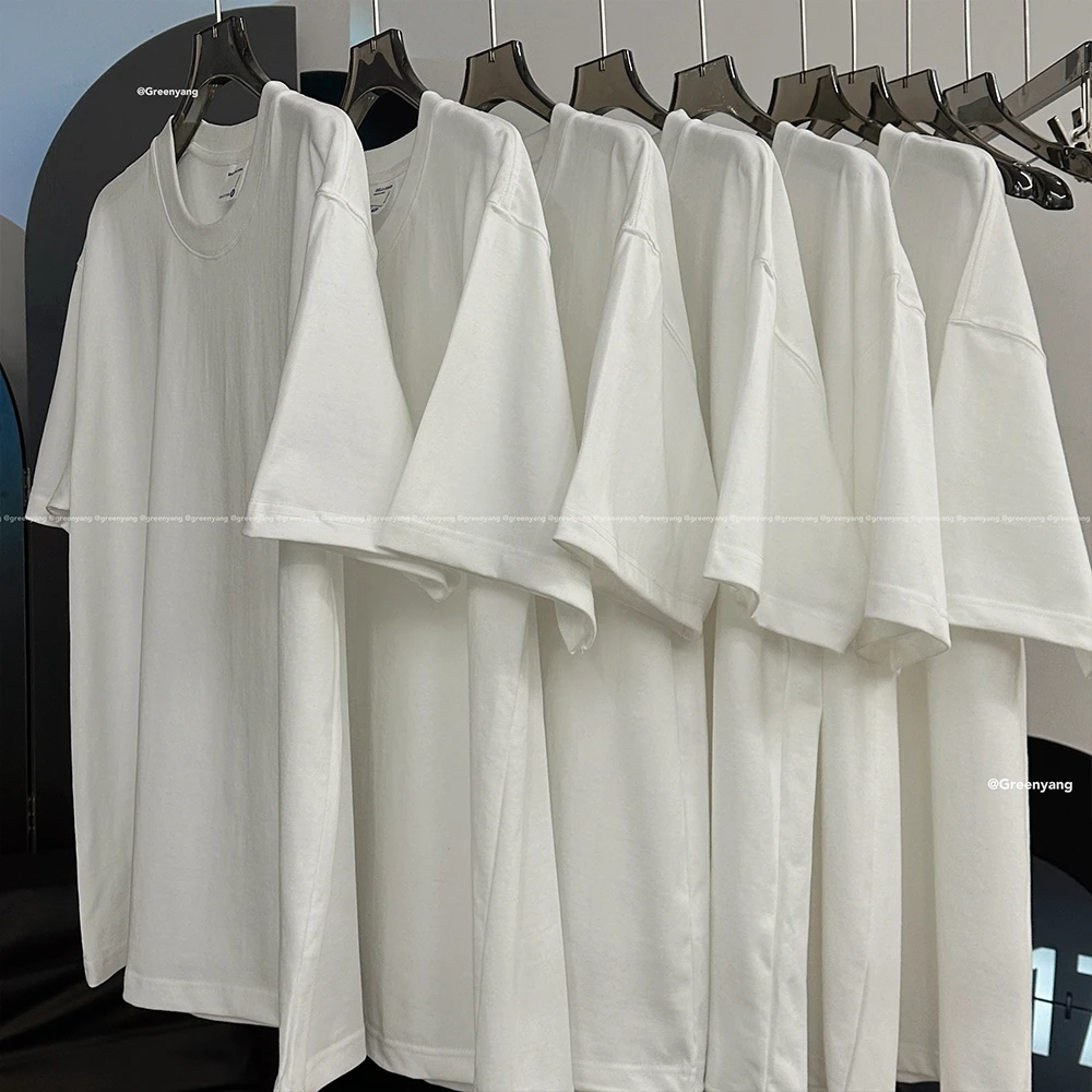 老羊家~美式休闲重磅复古纯色落肩袖oversize女宽松情侣短袖T恤潮