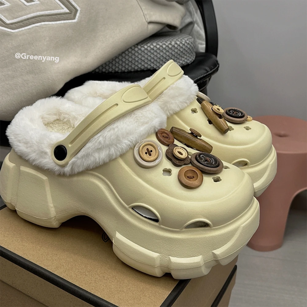 老羊家~小众纽扣包头增高网红洞洞鞋女冬季外穿加绒保暖厚底棉拖
