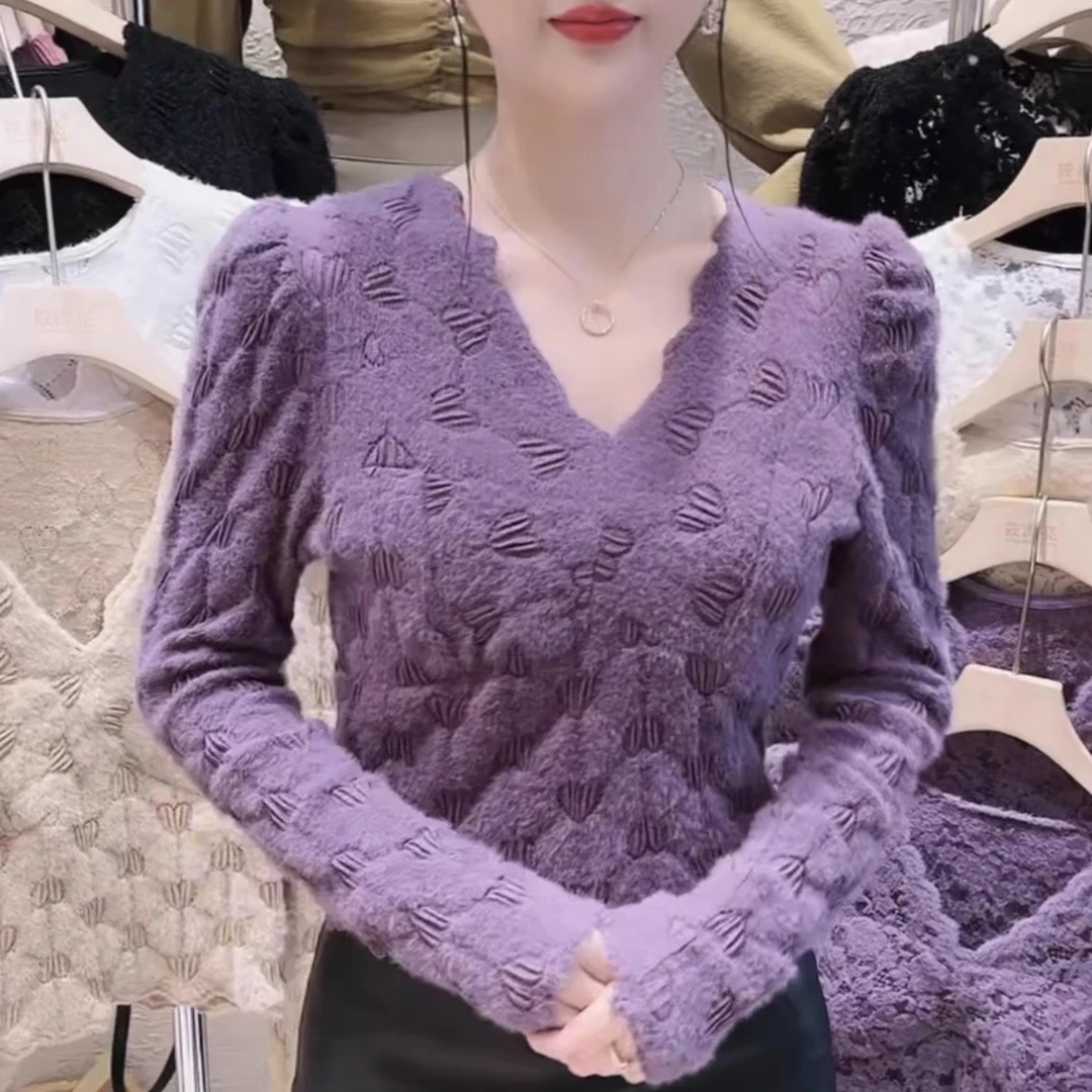 磨毛蕾丝衫女长袖秋冬款加绒保暖V领打底衫设计感别致内搭上衣女
