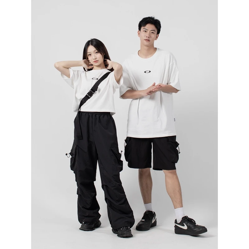 OUKKY夏季印花复古发泡印花体恤潮牌男女情侣短袖短款辣妹正肩T恤