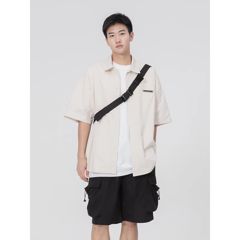 OUKKY夏季薄款日系复古衬衣廓形情侣短袖衬衫男款潮休闲贴标外套