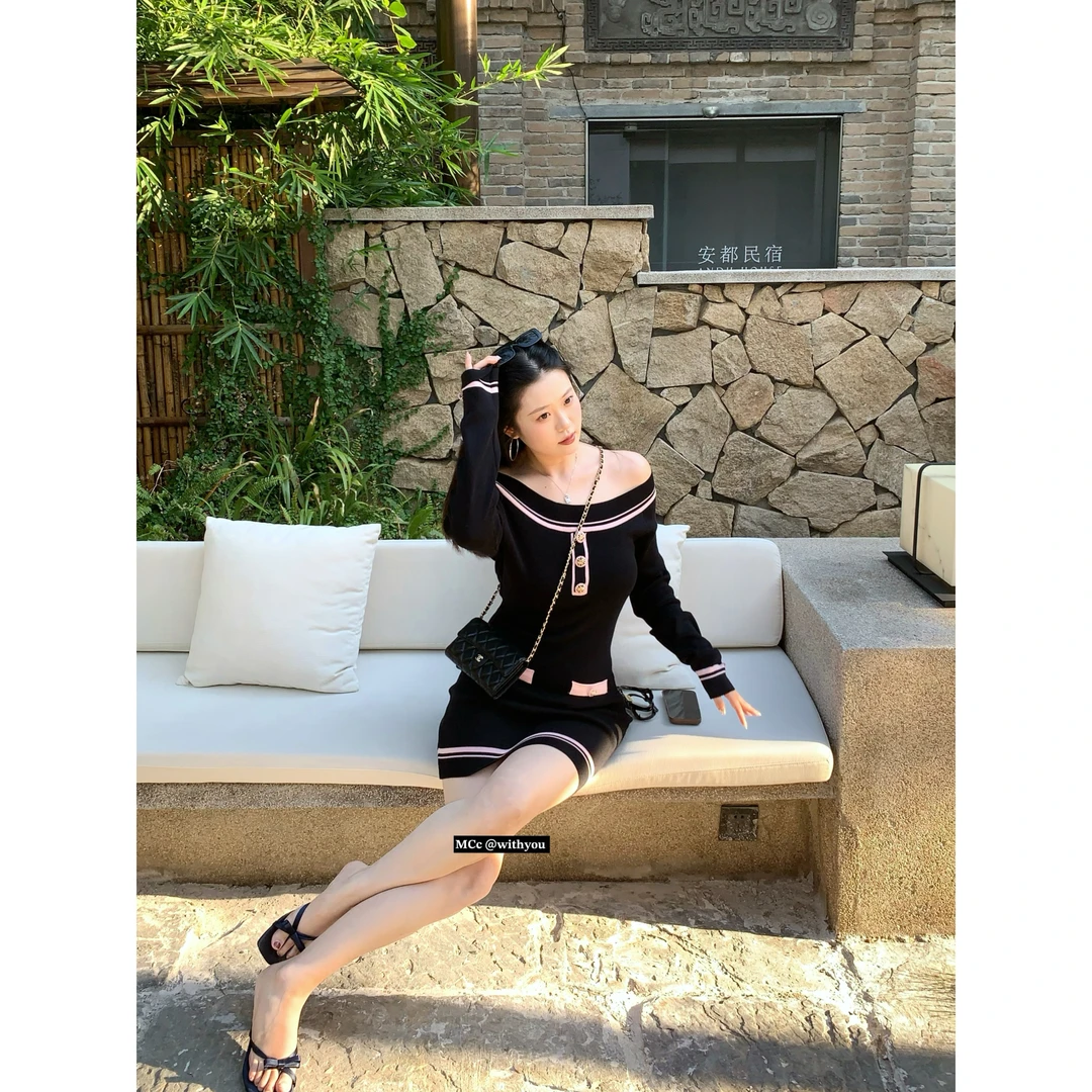 秋新款MCc【Rose黑玫瑰】露丝同款！超重工气质一字肩针织连衣裙