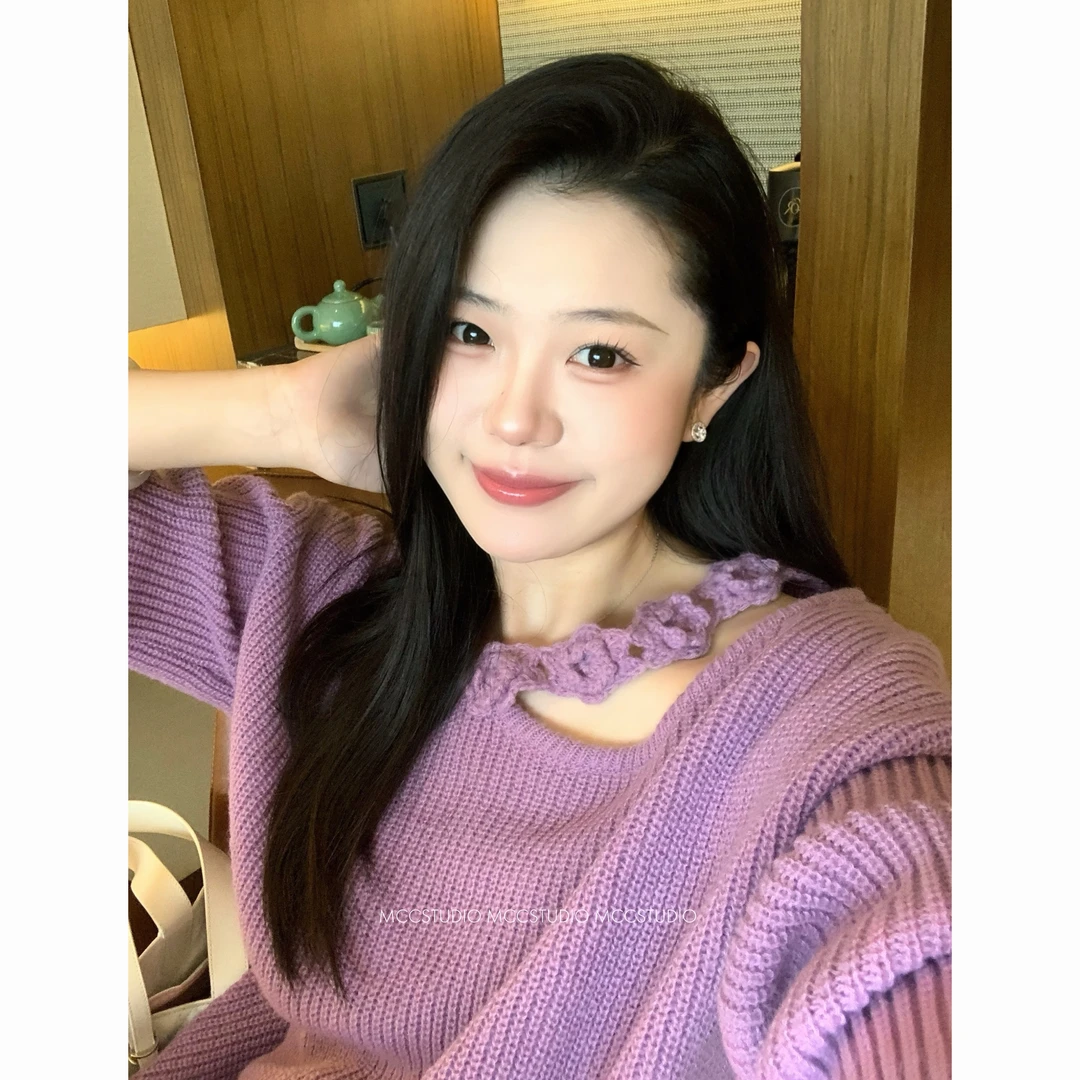 MCc【斜领钩花】两色！超特别韵味厚针织毛衣女#6272