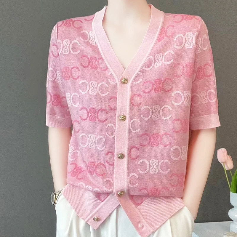 2024夏季新款V领粉色字母提花别致短袖针织开衫时尚百搭上衣潮