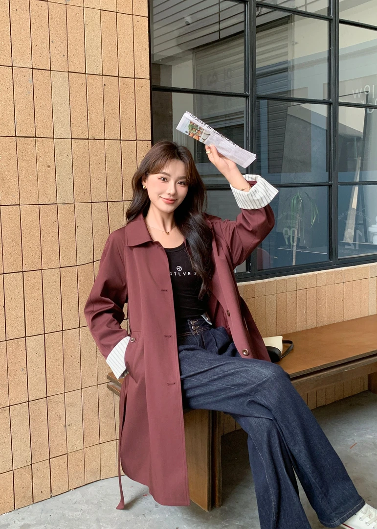 2024秋冬翻领风衣外套女系带收腰高级感气质宽松中长款大衣秋新款